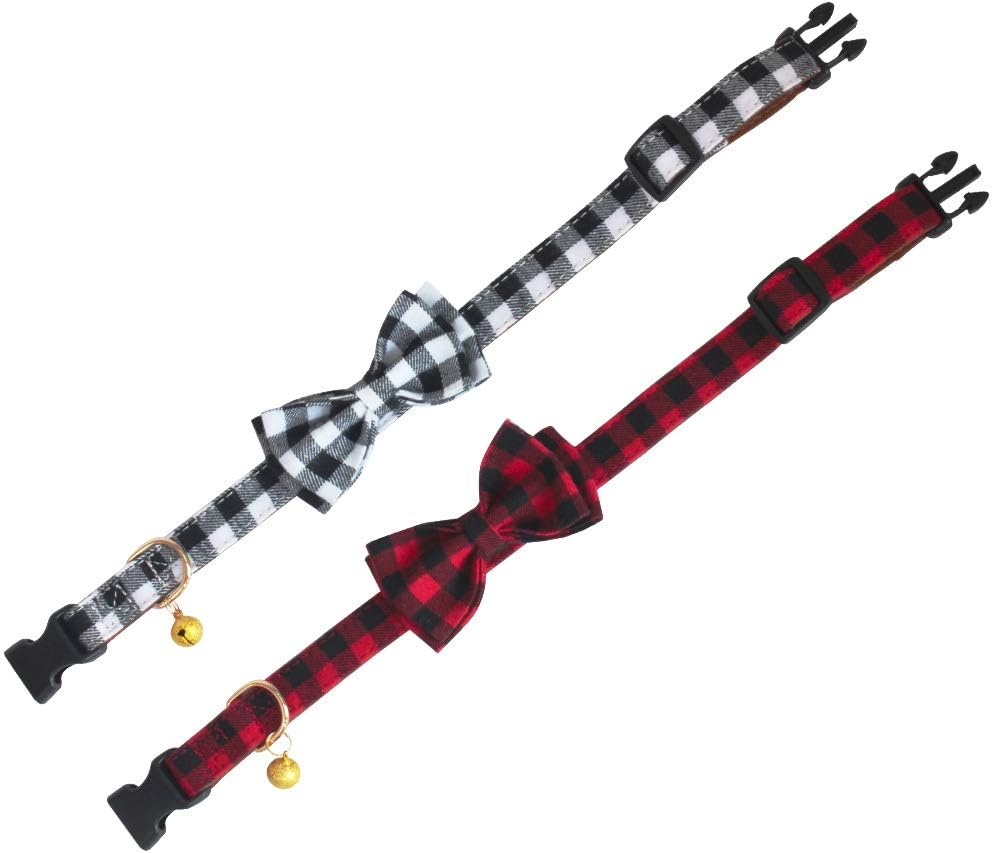 Plaid Dog Collar with Bow, 2 Pack/Set Adjustable Dog Bow Tie Collars with Bell, Best Pet Gift for Small Medium Large Girl and Boy Dogs, Red & Black