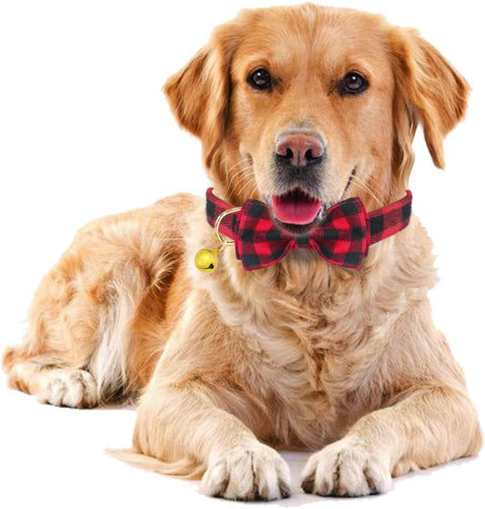 Plaid Dog Collar with Bow, 2 Pack/Set Adjustable Dog Bow Tie Collars with Bell, Best Pet Gift for Small Medium Large Girl and Boy Dogs, Red & Black