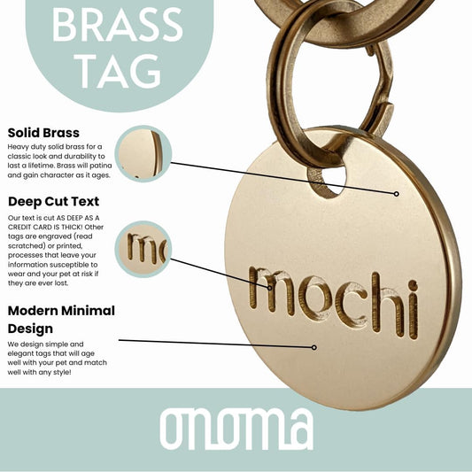 Solid Brass PET TAG - Modern, Minimal Pet IDs. Durable, Lifetime Tags with deep Cut Text. Includes Space for Two Phone Numbers. (Circle)