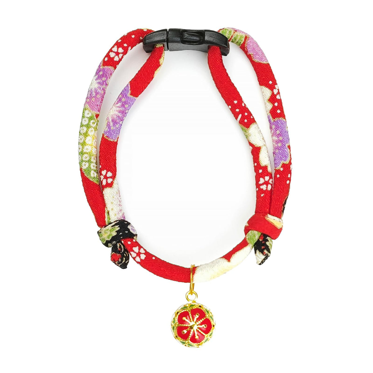 Breakaway Cat Collar. Japanese Plum Blossom Bell & Chic Kimono Design, Soft Adjustable Kitten Collar for Boys & Girls
