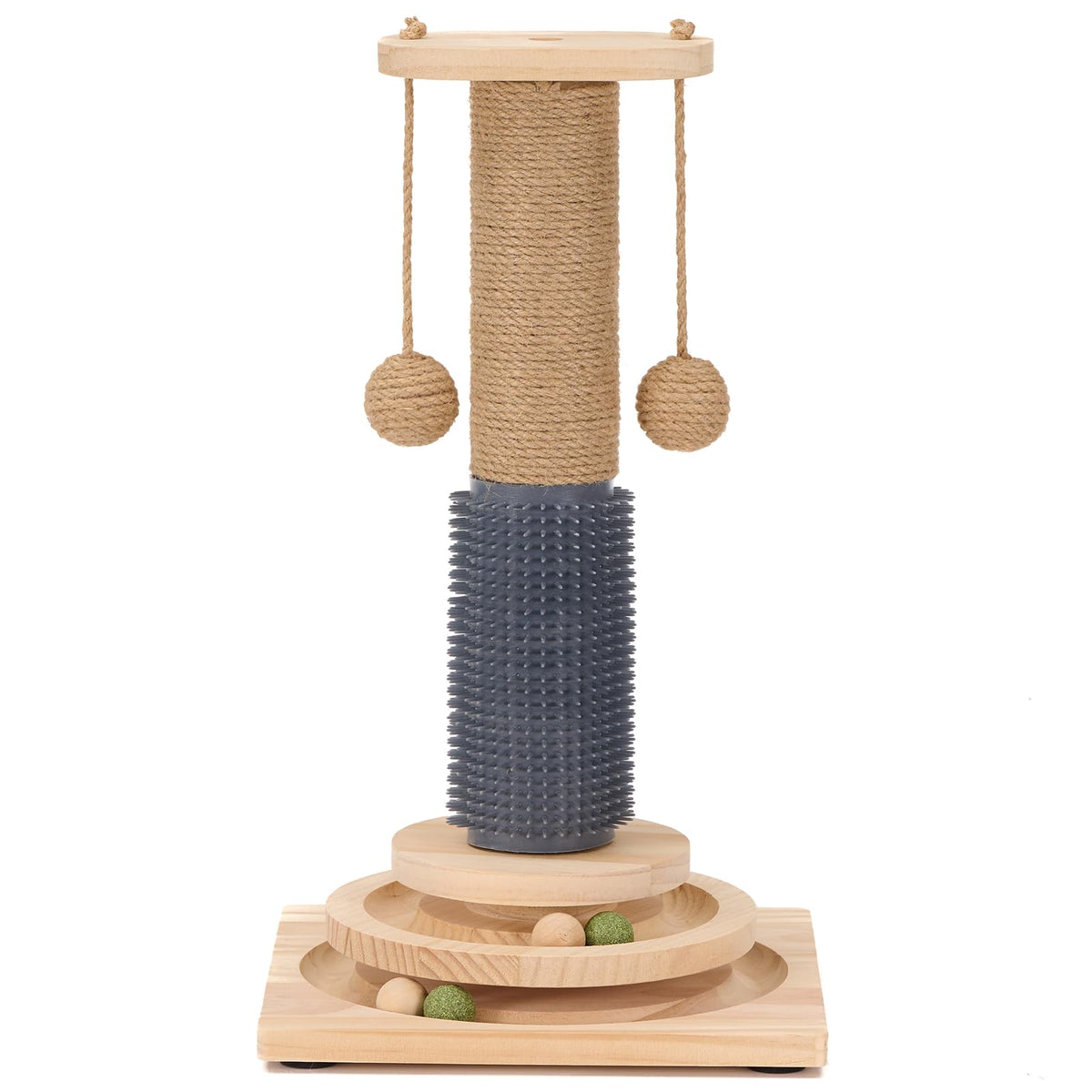 4-in-1 Solid Wood Cat Scratching Post with Self-Groomer, Medium Size