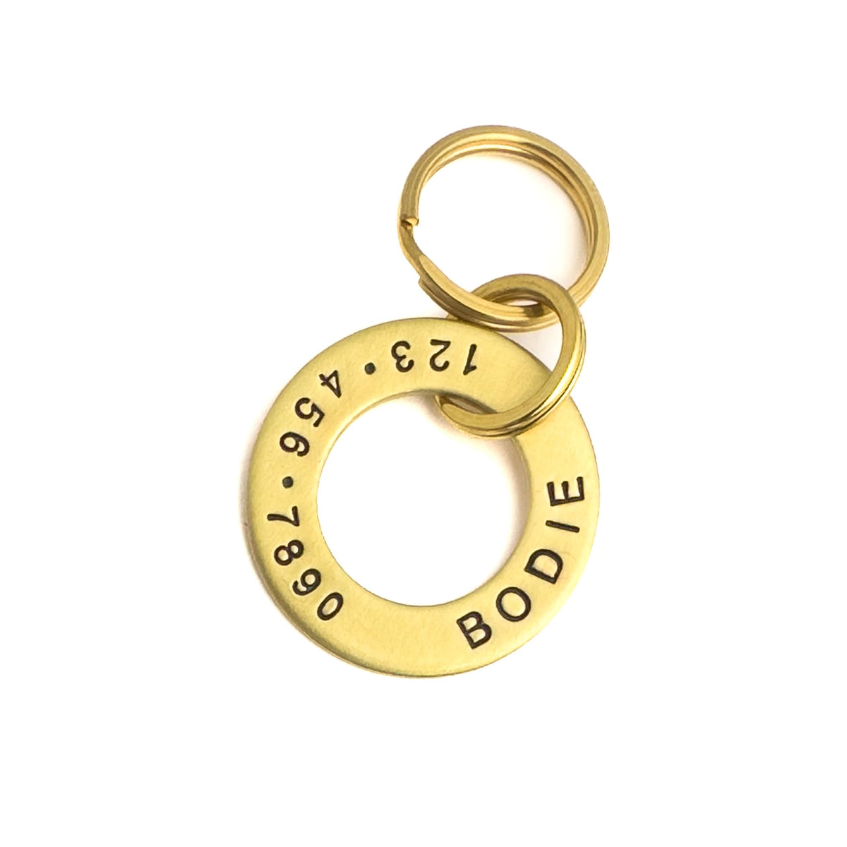 Personalized Brass Dog Tag, Engraved, Round Shape, Phone Number on Back