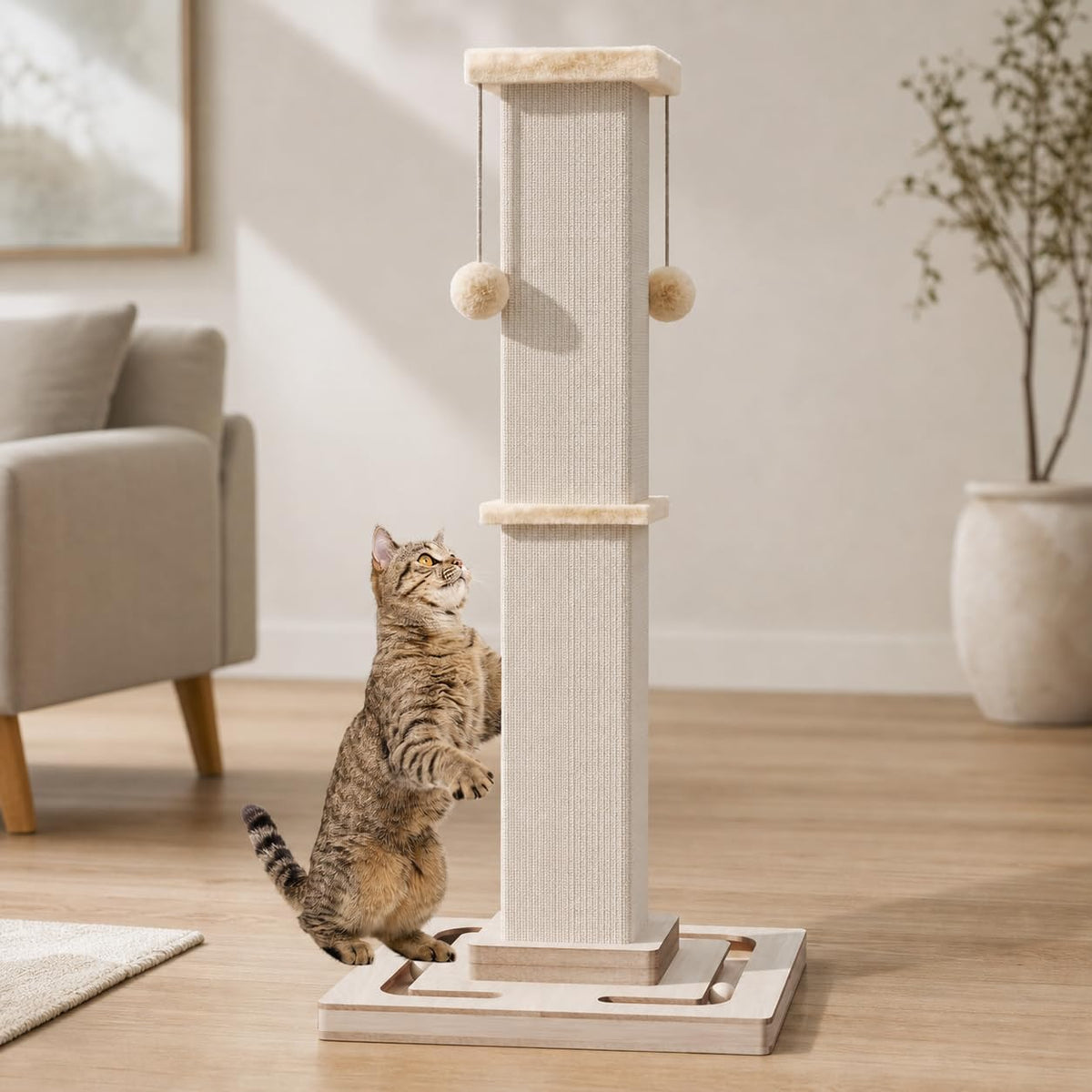 32" Large Cat Scratching Post with Tracking Interactive Toys for Cats