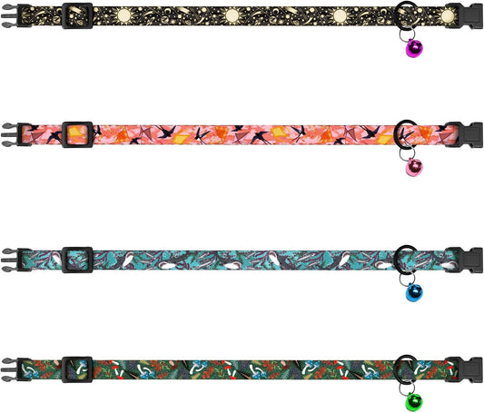 4PCS Breakaway Cat Collars with Bell - Cute Soft Adjustable Safety Kitten Collars 4-Pack - Nylon Pet Collars Nature Tribal Striped Floral Space Aztec Flowers Print (Nature)