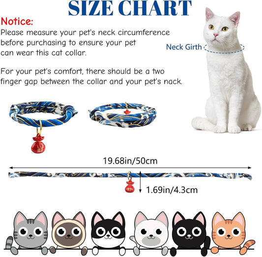 Cat Collar with Bell, 1 Pack Blue Japanese Style Waves Print Pet Collar Adjustable Cat Collar with Fortune Bell for Small Cats Puppy Pets, M
