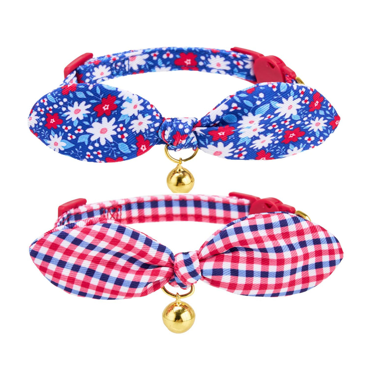Bowtie Cat Collar with Bell, 2 Pack Cotton Breakaway Kitten Collars with Removeable Bow Stylish Cat Collars, Gradient Plaid & Polka Dot Blue