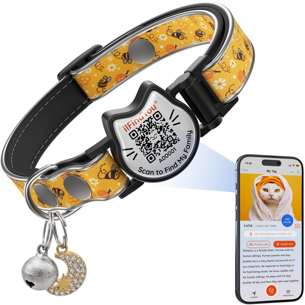 Cat Collar Breakaway QR Code, Reflective cat Collar with Bells, 3-Pack