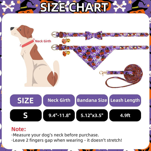 PUPTECK Halloween Dog Collar and Leash Set - 3 Pack Adjustable Pet Bandana Collars with Bow Tie and Bells, Soft Leather for Small Dogs Puppies and Cats Accessories, Orange Pumpkin