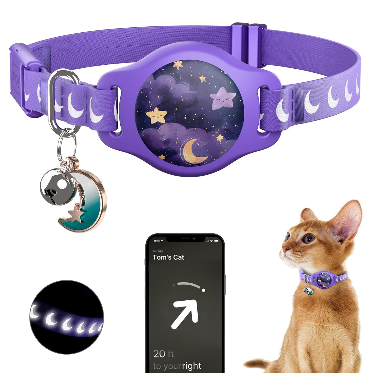 Cat Tracker Collar - Waterproof Airtag Cat Collar with Finder Tag, Purple