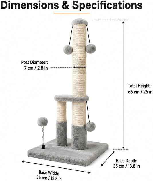 Dimaka Tall Cat Scratching Post, Double Lower Posts Extra Stable Cat Post Tree Scratcher with Sisal Rope and Teasing 4 Balls Total Large Base (Grey)