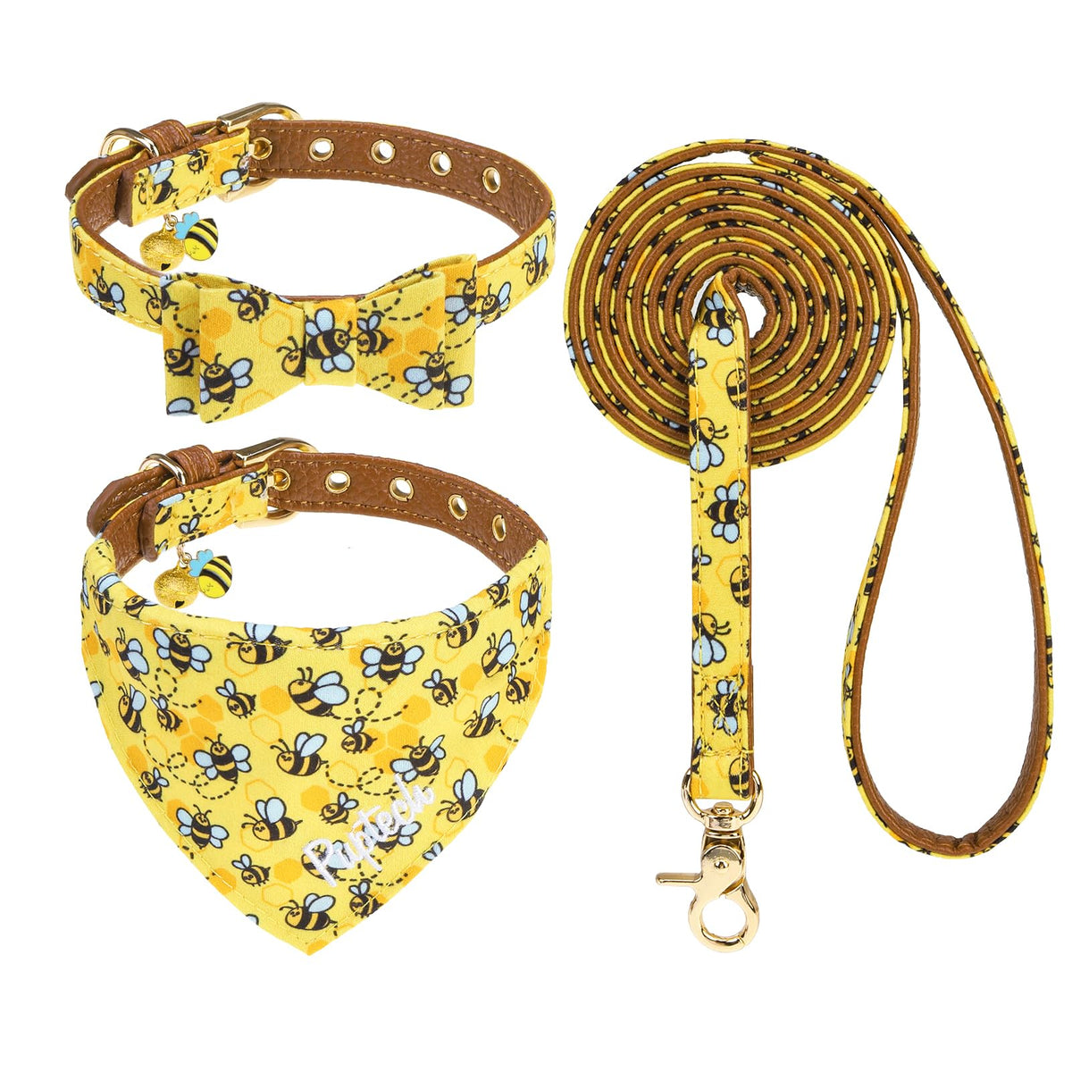 PUPTECK Halloween Dog Collar and Leash Set - 3 Pack Adjustable Pet Bandana Collars with Bow Tie and Bells, Soft Leather for Small Dogs Puppies and Cats Accessories, Orange Pumpkin