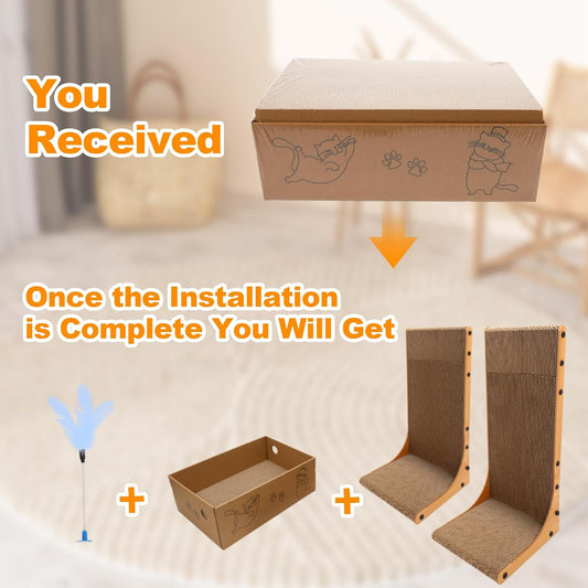 Goosheep Cat Scratching Post, 3-in1 Cat Scratcher for Indoor Cats, 2PK 22in L-Shaped Scratching Board with 1PK Cardboard Box Scratch Pad, Cats Scratch Furniture Protector with Feathered Toy