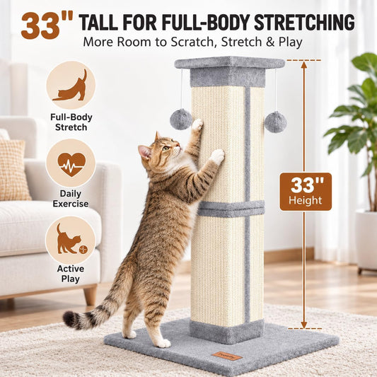 Cat Scratching Post 33 Inch for Indoor Cats, Tall Cat Scratcher with 100% Natural Sisal, Large Stable Base & 5 Inch Wide Post, Cat Scratch Post for Large Cats, Full-Body Stretching, Grey