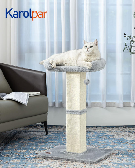Karolpar 32" Cat Scratching Post for Indoor Cats, Sisal Cat Scratcher with Plush Perch, Large Scratch Post with Bed, Removable Cover, Sisal Fabric,Light Grey