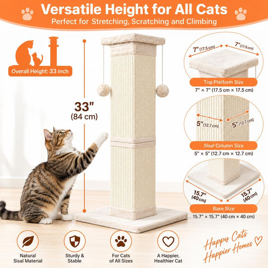 SOCATER Cat Scratching Post 33 Inch Nature Sisal Cat Scratch Post for Indoor Cats, Large Cat Scratcher Protect Your Furniture, for All Breeds