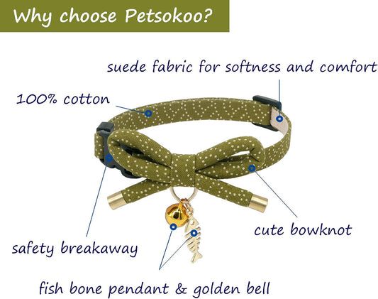 Cute Bowtie Cat Collar with Bell. Japanese Stylish Bowknot & Fish Charm. Safety Breakaway, Soft, Lightweight, for Girl Boy Male Female Cats Kitten,Green