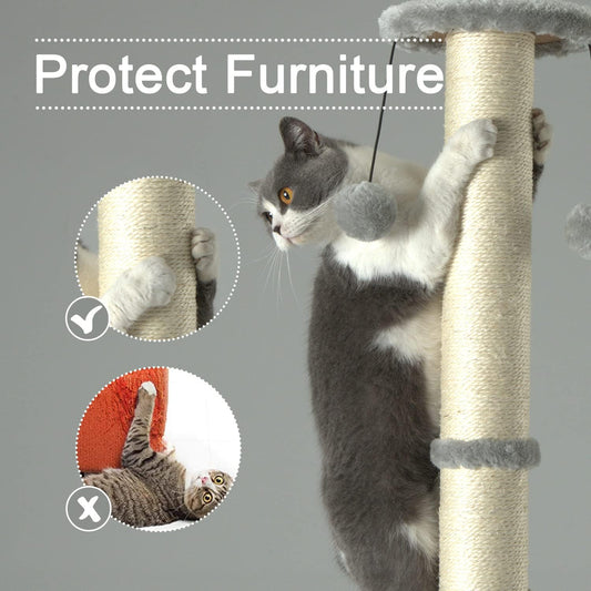 PEEKAB 32" Tall Cat Scratching Post Sisal Scratch Posts with Hanging Ball and Self-Massage Brush Vertical Scratcher for Indoor Cats and Kittens Light-Gray 32inches