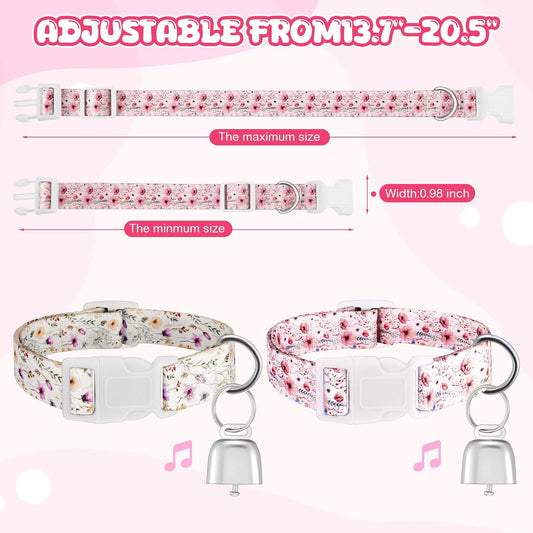 2 Pack Floral Goat Collars with Bells, White Pink Girly Pattern for Lambs