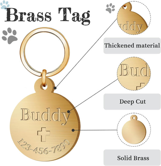 Personalized Brass Dog Tag, Custom Engraved Pet ID Tag Round
