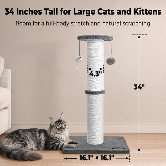 34-Inch Tall Cat Scratching Post for Large Cats, Stable Base, Gray