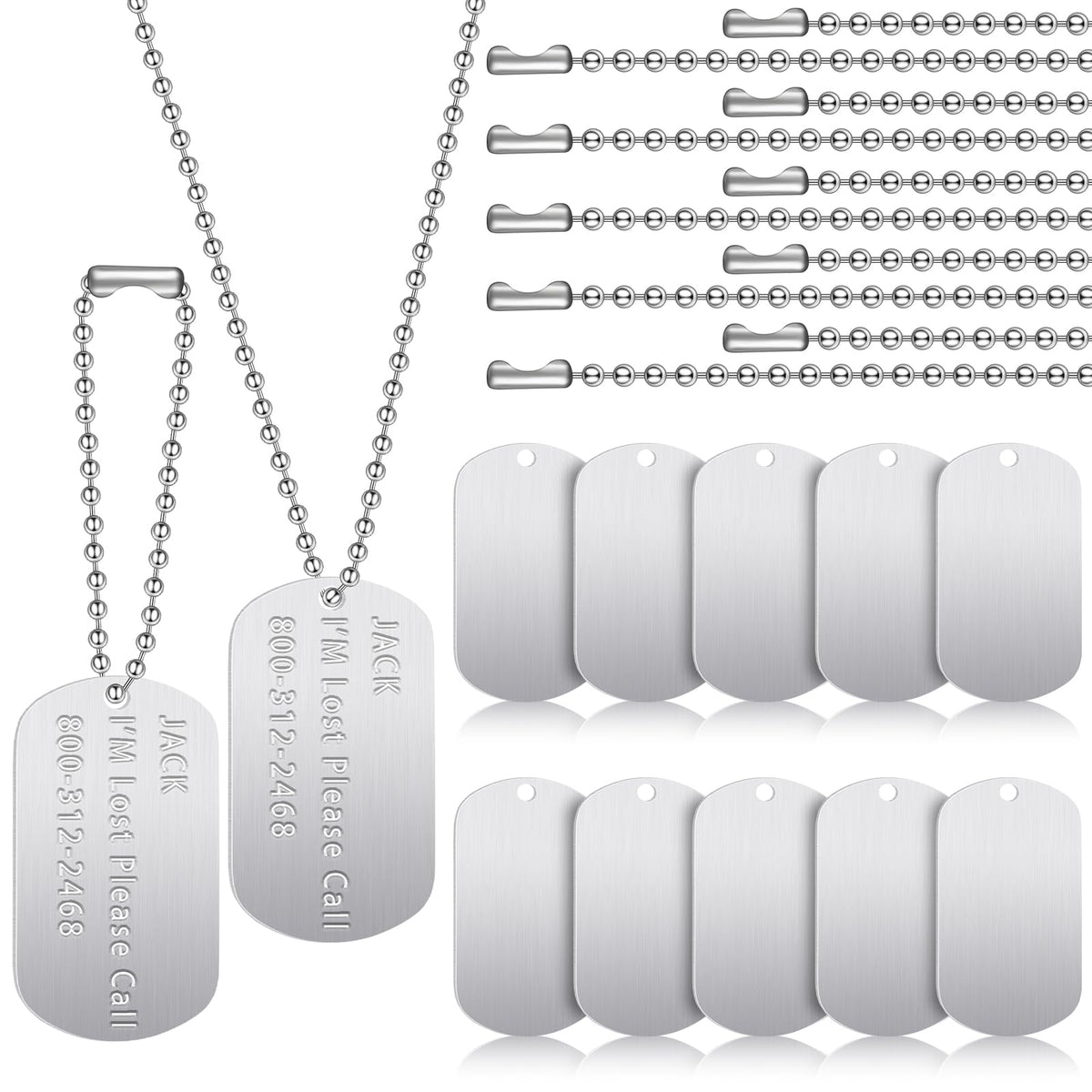 20 Pcs Military Dog Tags Set, 10 Army Blank Tags 10 Chains, Silver