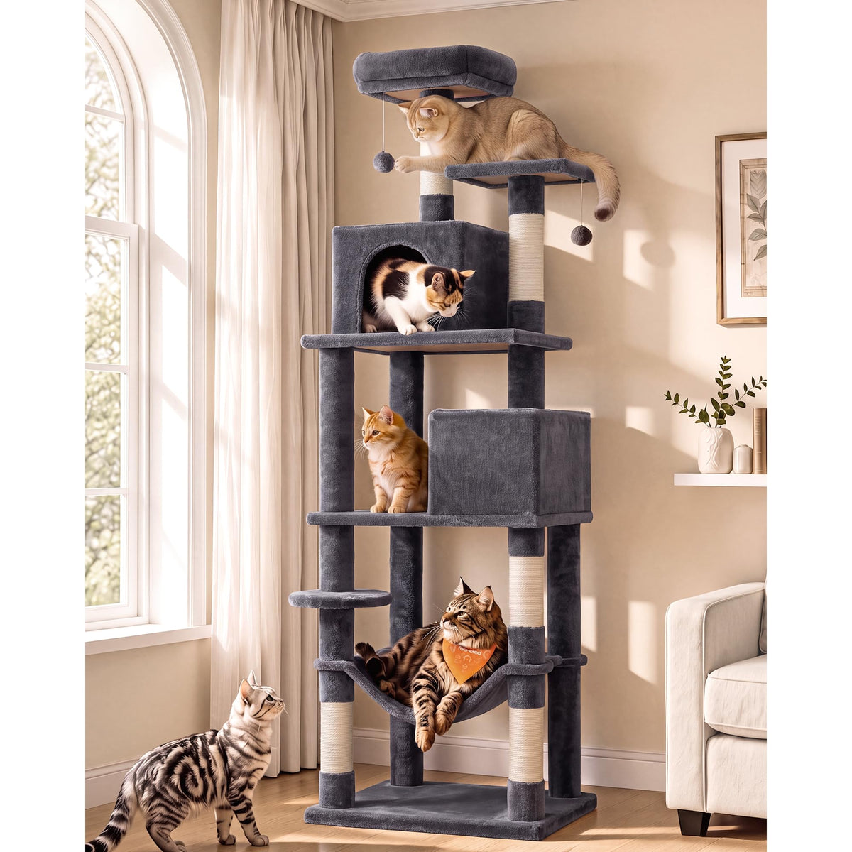 Feandrea Cat Tree, 59.5-Inch Tall Cat Tower, Multi-Level Condo, Beige
