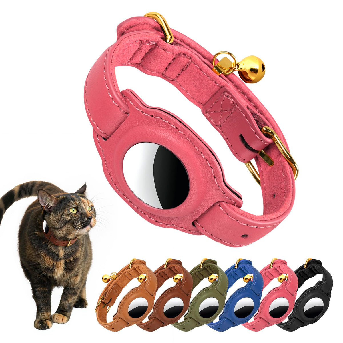 AirTag Cat Collar with Bell & Fabric Liner - Pet Collar Leather Cat Collar - Non Breakaway Leather Kitten Collar with AirTag Holder - GPS Cat Collars for Boy Cats, Girl Cats (Brown)