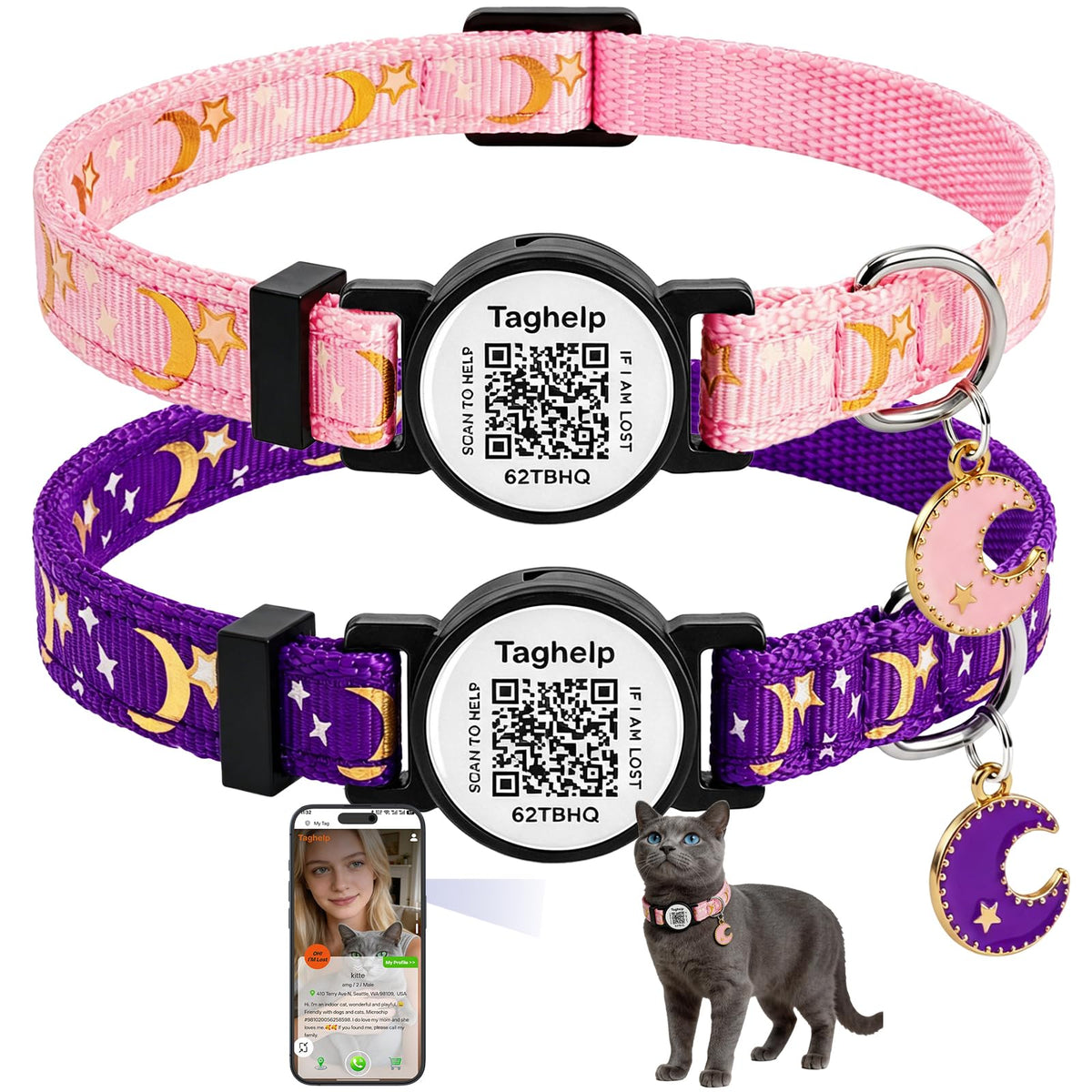 2 Pack QR Code Cat Collar with Instant Lost Pet Recovery System, Scan for Urgent Alerts & Location Info, Breakaway Reflective Collar with Safety Bell (Blue & Pink)