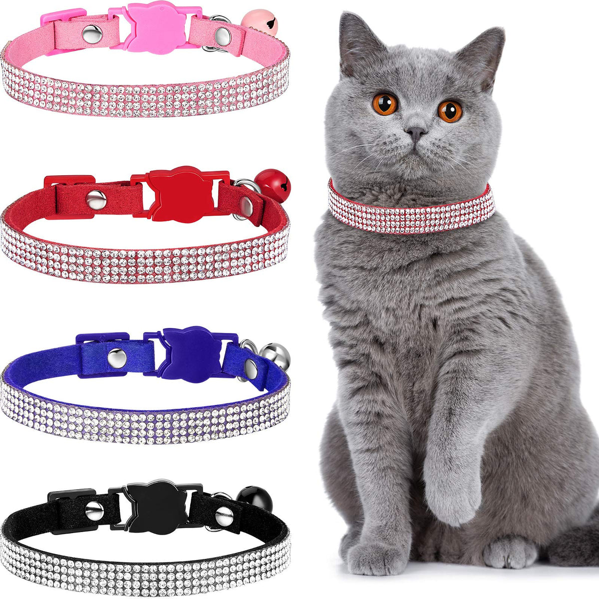 Weewooday 4 Pieces Rhinestones Cat Collars Breakaway Cat Collar with Bell Bling Pet Accessories with Soft Velvet, 4 Colors(XS,Purple, Blue, Gold, Pink)