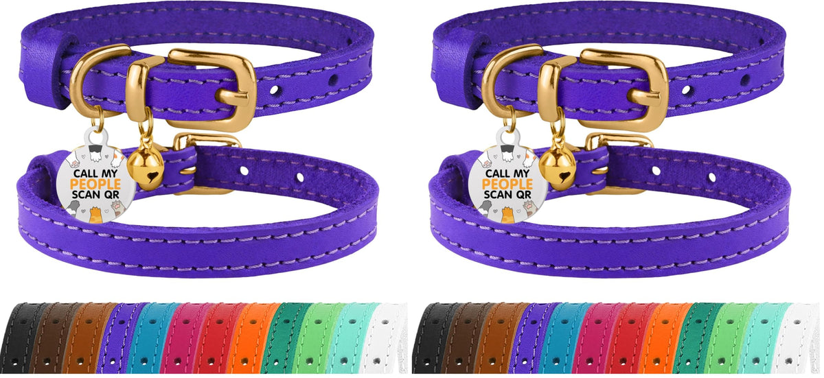 Leather Cat Collar, Removable Bells, QR Tag (9-12", Black & Gold)