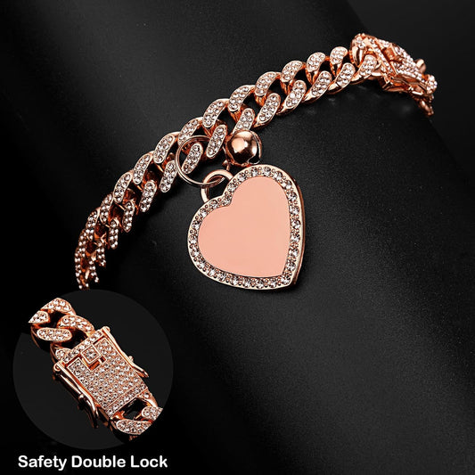 Hillban Gold Chain Dog Collar Rhinestone Heart Charm, Rose Gold, 14 Inch