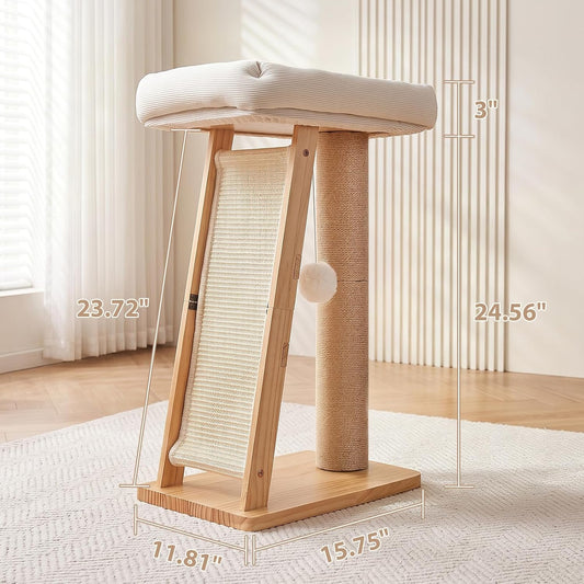 27.5" 3-in-1 Natural Pine Wood Cat Scratching Post for Small Medium Cats