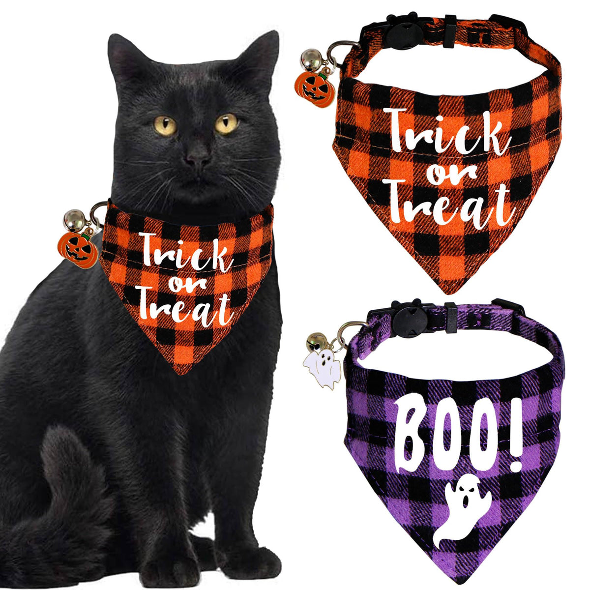 STMK 3 Pack Holiday Cat Bandana Collars with Bell, Breakaway Halloween Thanksgiving Christmas Cat Kitten Collars with Bell Remove Bandana Pumpkin Maple Leaf Santa for Holiday Cats Kittens Costumes
