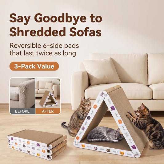 CATISM Cat Scratcher Cat Scratching Board - Foldable - Triangle, 6 Usable Sides Scratchers for Indoor Cats, Durable Recyclable Cats Cardboard Vertical(Pack of 3)