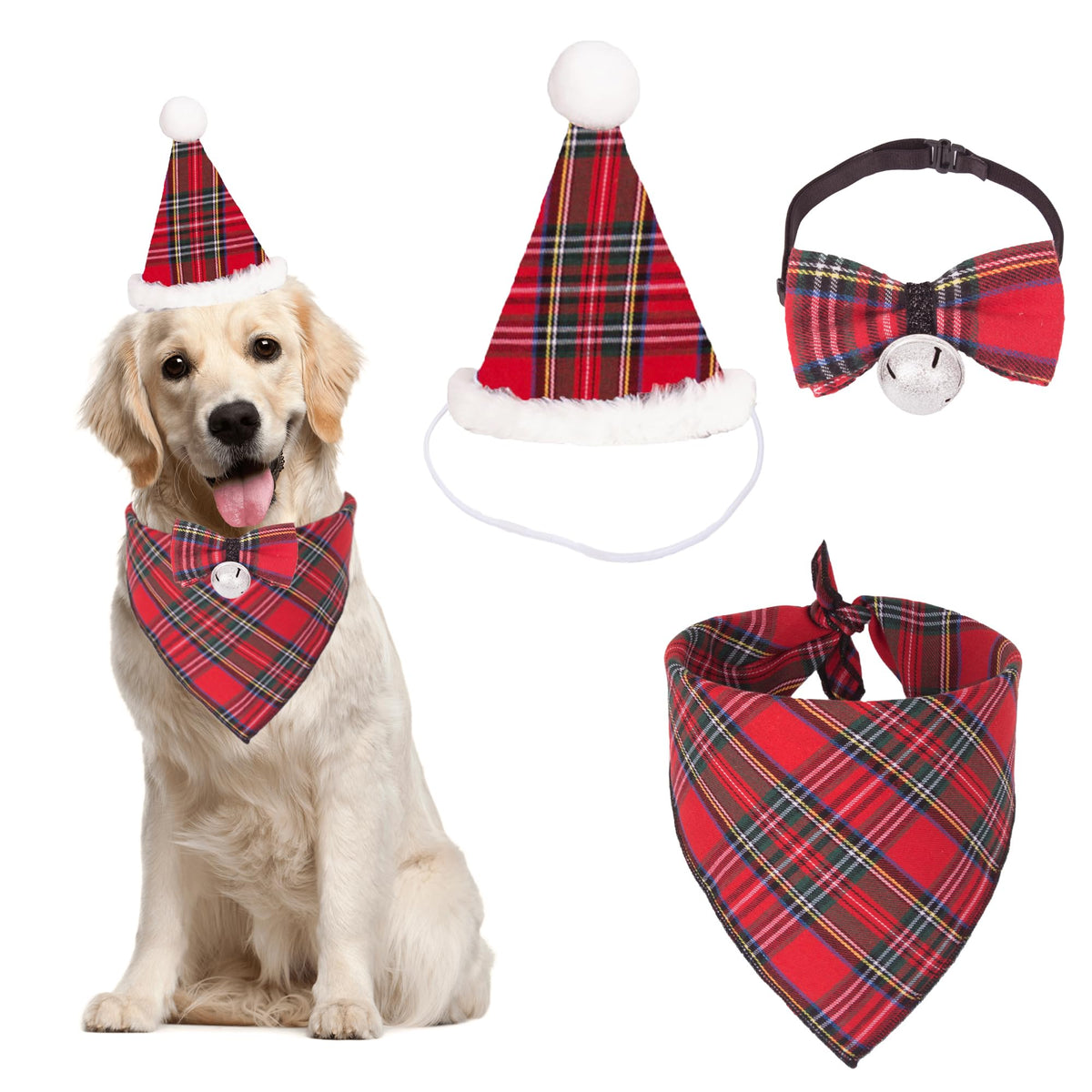 ADOGGYGO Christmas Dog Bandana Hat Bow Tie Set - Stylish Red Plaid Puppy Christmas Hat Scarf Costume Outfit for Small Dogs Pets (Small)