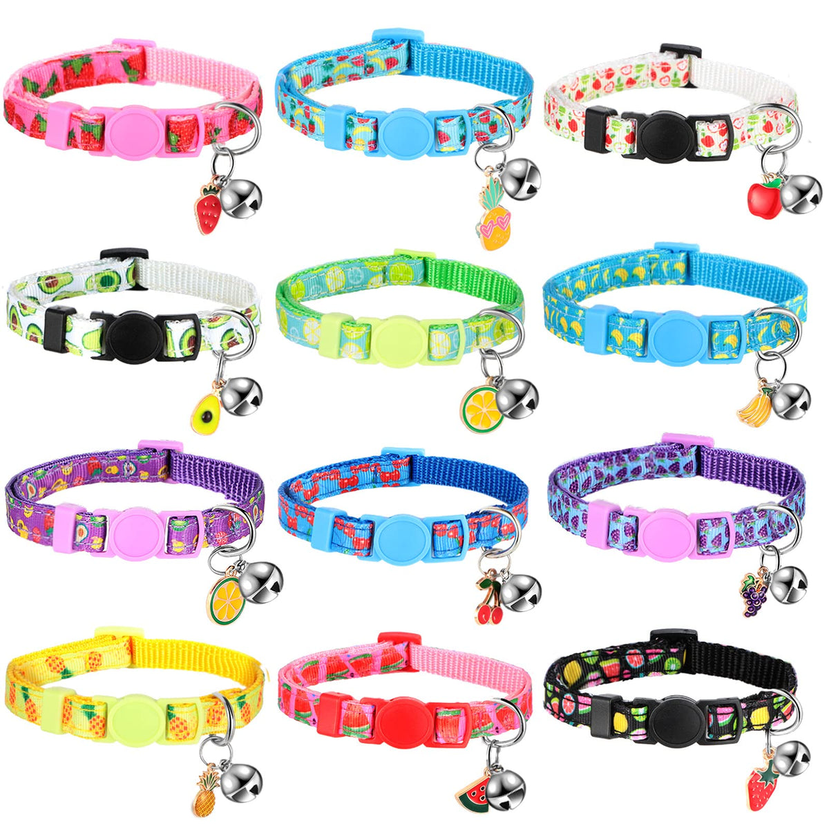 Frienda 12 Pcs Spring Summer Breakaway Cats Collars Girl Cat Safety Adjustable Collars with Bell and Summer Fruit Patterns Pendants Set for Pets Decoration(Small)