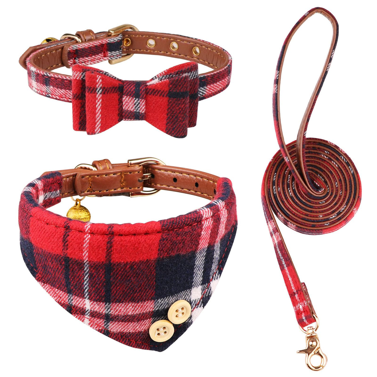 3 PCS Dog Collars for Small Puppy Collar and Leash Set, Bow Tie with Bell, Bandana Leather for Small Dogs Puppies and Cats(Beige)