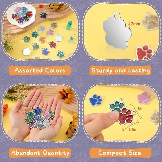 Abbylike 60 Pcs Personalized Paw Print Pet Tag for Dogs and Cats, Blank Pet ID Tags Custom Glitter Paw for Cute Metal Cat Name Small DIY Engraved Puppy Name
