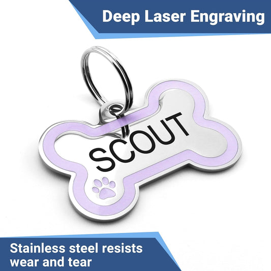GoTags Stainless Steel Bone Dog Tag with Color Outline and Paw Print