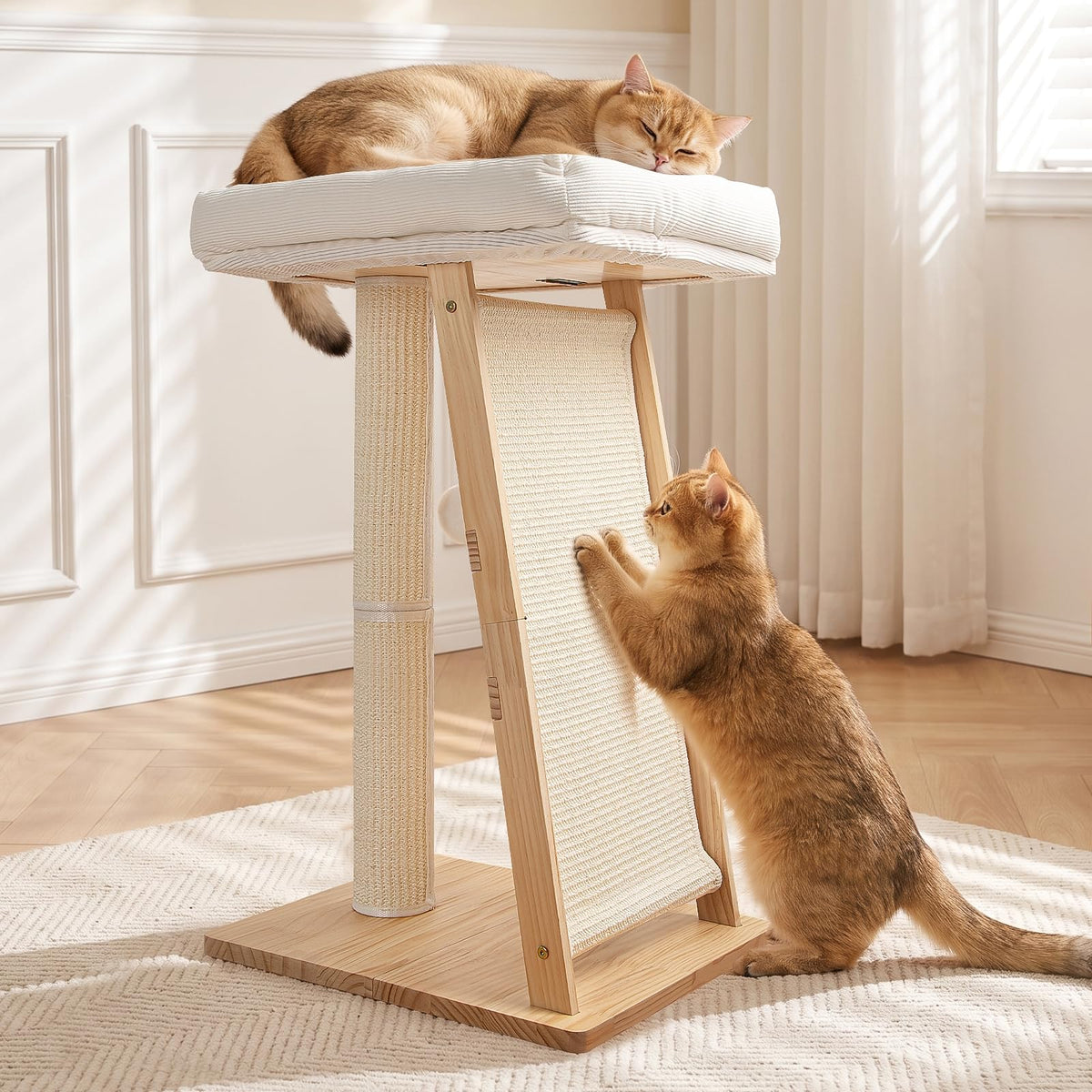 27.5" 3-in-1 Natural Pine Wood Cat Scratching Post for Small Medium Cats