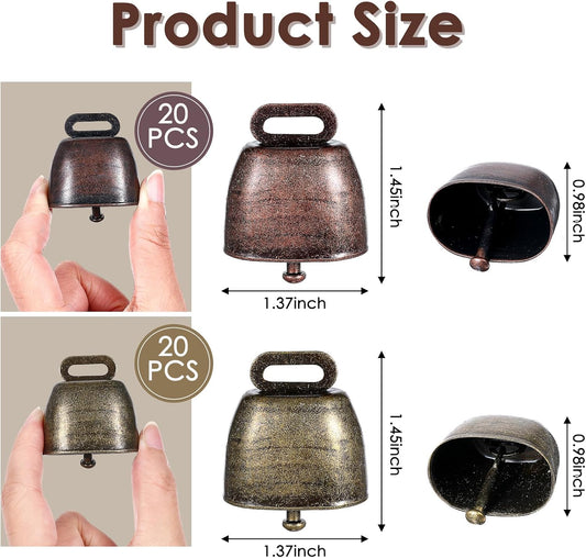 40 PCS Mini Cow Bells Bulk, Goat Bells for Collars, Antique Iron Metal Animal Copper Bell, Small Cowbell for Farm Pets Christmas Decor (20 Red Bronze, 20 Green Bronze)
