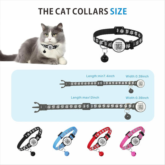 Reflective Cat Collar with QR Code Name Tag,Breakaway Cat Collars with Pet Id Tag and Bells,Scan QR Receive Instant Pet Location Alert Email 2pack (Pink&red)