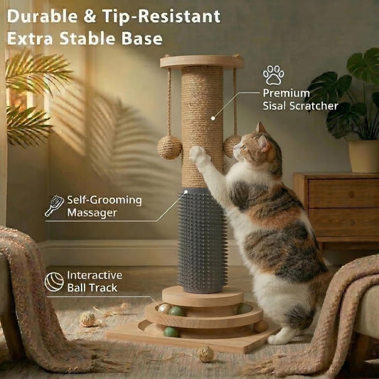 4-in-1 Solid Wood Cat Scratching Post with Self-Groomer, Medium Size