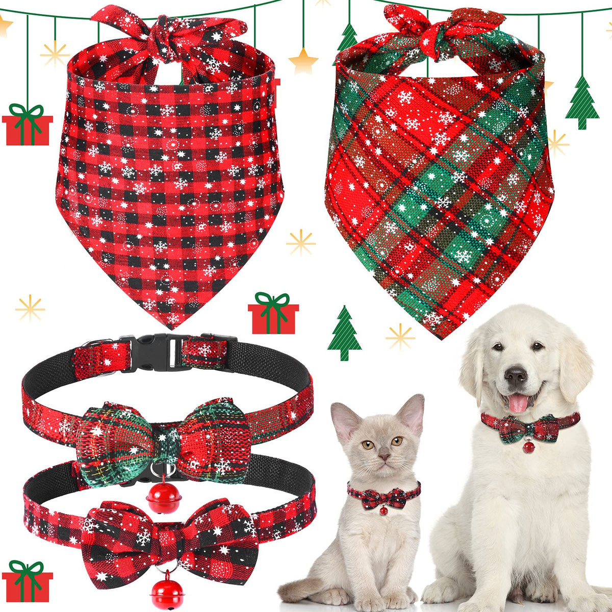 Frienda 4 Pcs Christmas Dog Bandanas and Collars Set, L, Stylish Style