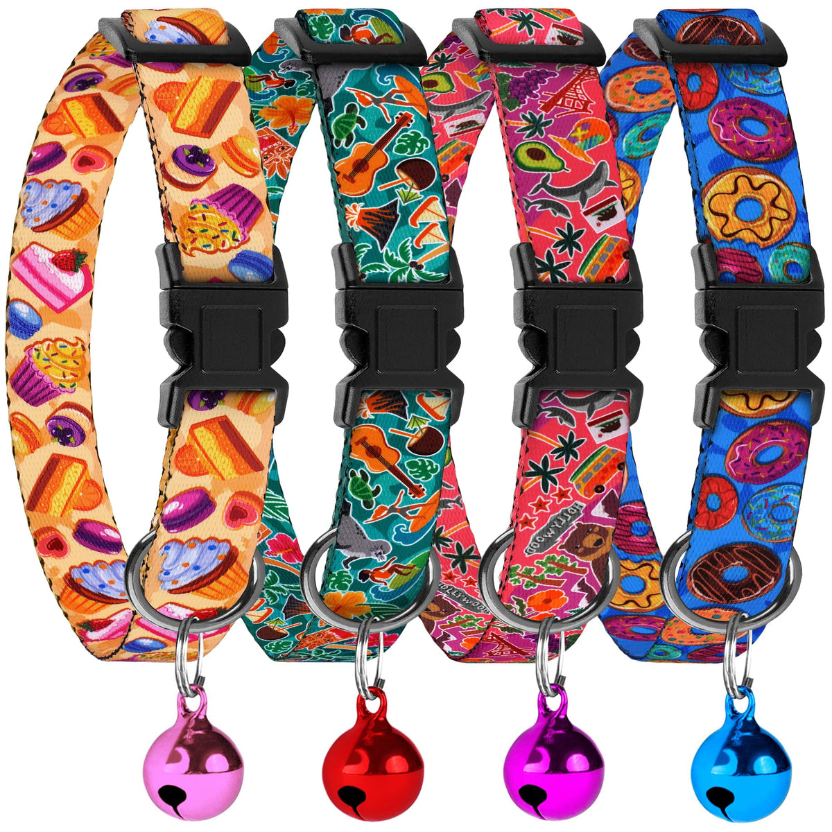 4PCS Breakaway Cat Collars with Bell - Cute Soft Adjustable Safety Kitten Collars 4-Pack - Nylon Pet Collars Nature Tribal Striped Floral Space Aztec Flowers Print (Nature)