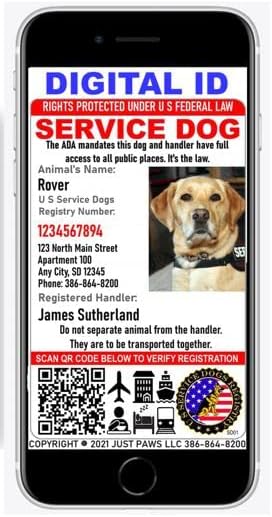 Just 4 Paws Custom Service Dog ID Card with QR Code and Optional Holograph | Registration to U S Service Dogs Registry Plus ID Holder & Digital ID - Portrait Style