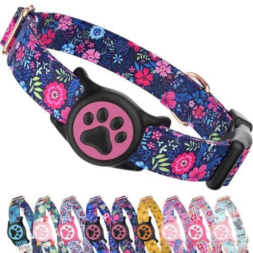 Premium Airtag Dog Collar，with IP68 Waterproof AirTag Holder,Pink,S
