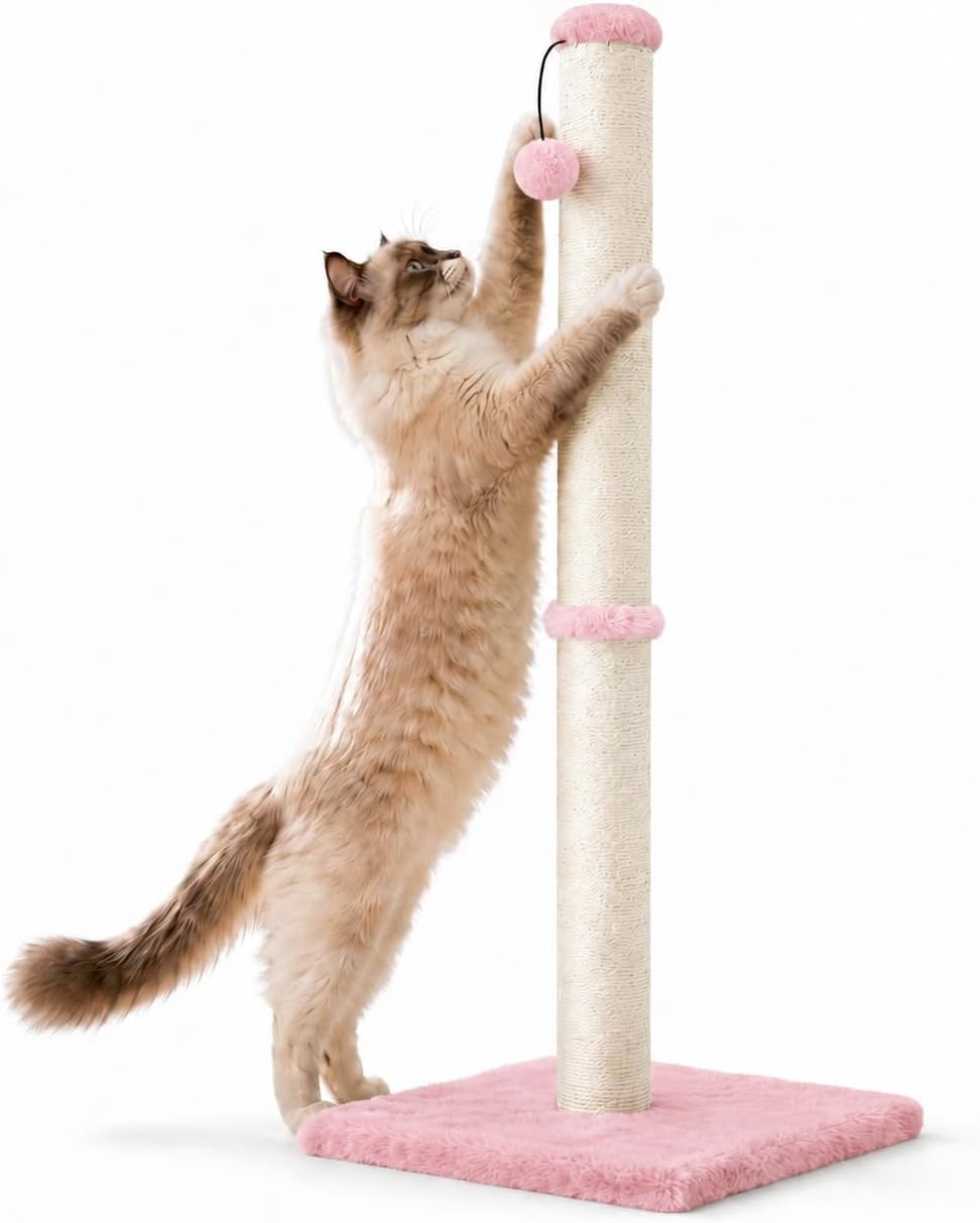 Dimaka 29" Height Tall Cat Scratching Post, Claw Scratcher with Sisal Rope and Covered with Soft Smooth Plush, Vertical Scratch [Full Strectch] for Standard Size Cats. (Beige)