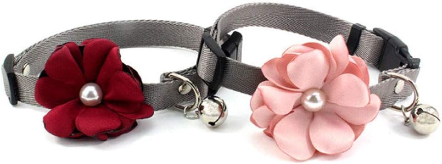 Geranium Flower Cat Dog Collar Bow Tie - Nylon Puppy Necklace with Pearl Bell - Chihuahua Yorkie Clothes Costume Outfits Accessory, Adjustable and Handmade (Pink, Size XS)