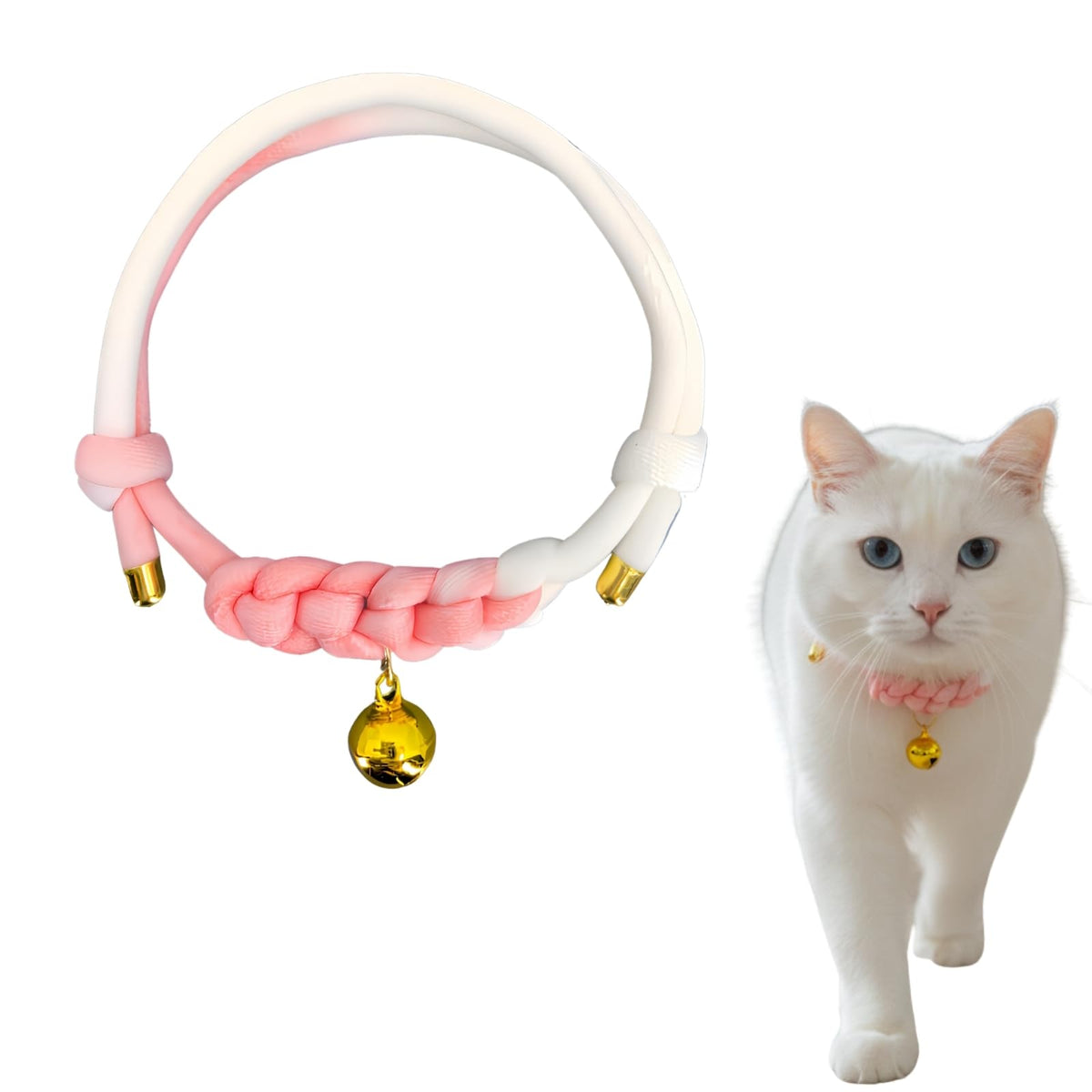 Cat Collar with Bell, Cute Adjustable Cotton Kitten Collar, Soft Lightweight Slip On Collar for Indoor Cats, Handmade in California (Green Ombre)